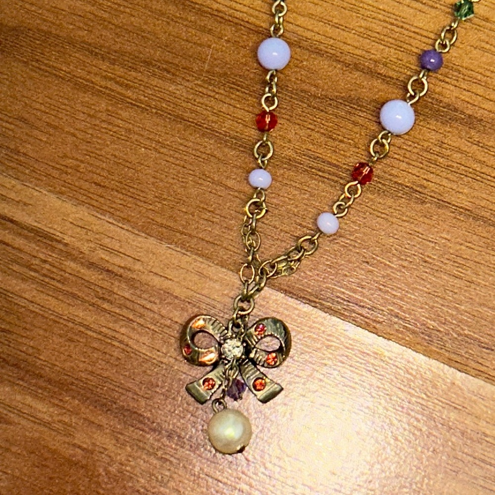 Authentic Anna Sui Bow Rhinestone Necklace with Pearl Drop